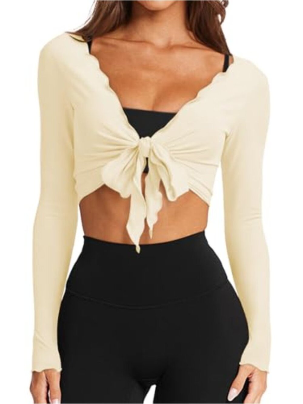 Long Sleeve Tie Front Wrap Bolero Shrug Yoga Crop Top Lettuce Trim
